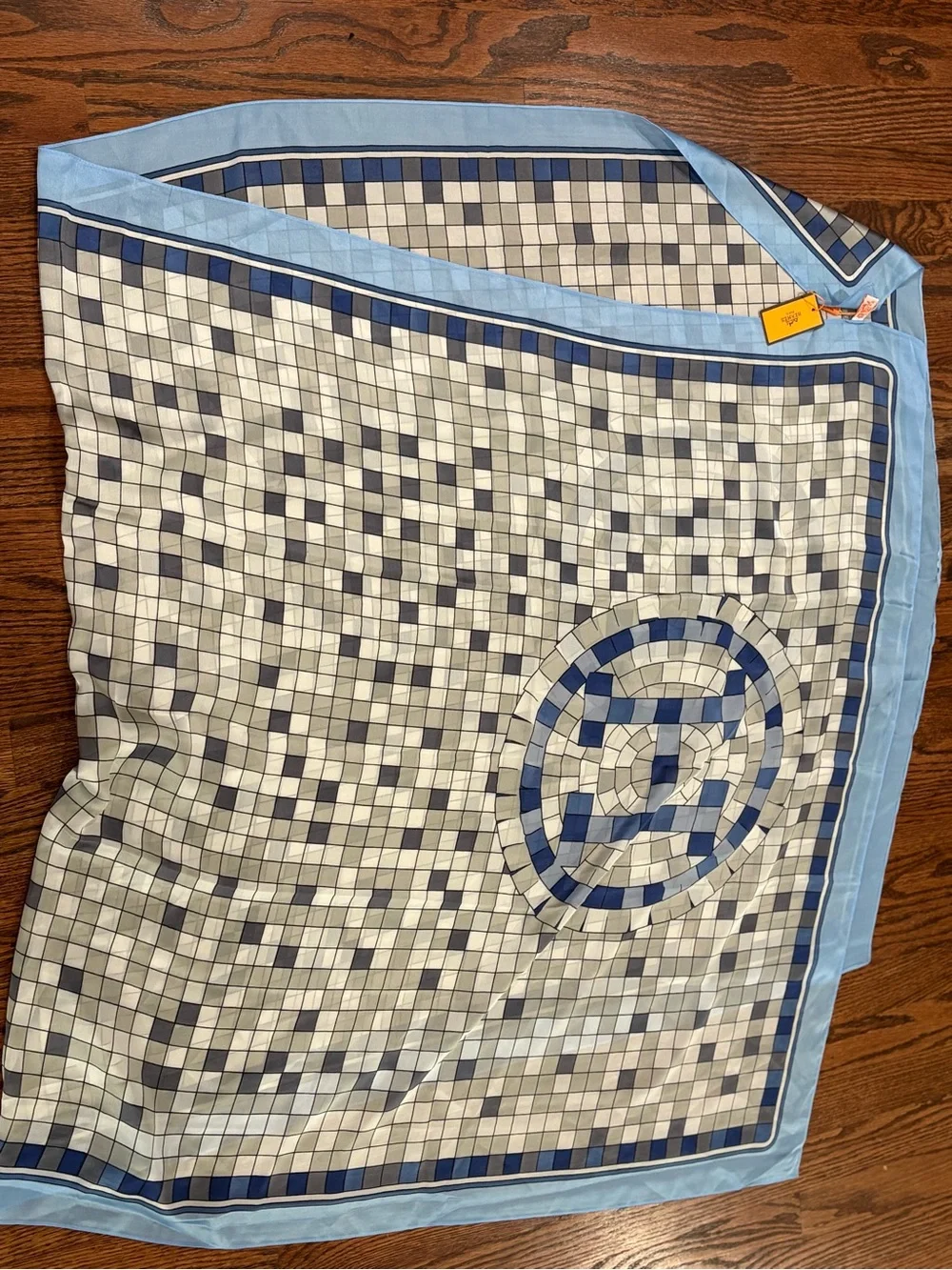 Light Blue and Navy Geometric Silk Scarf